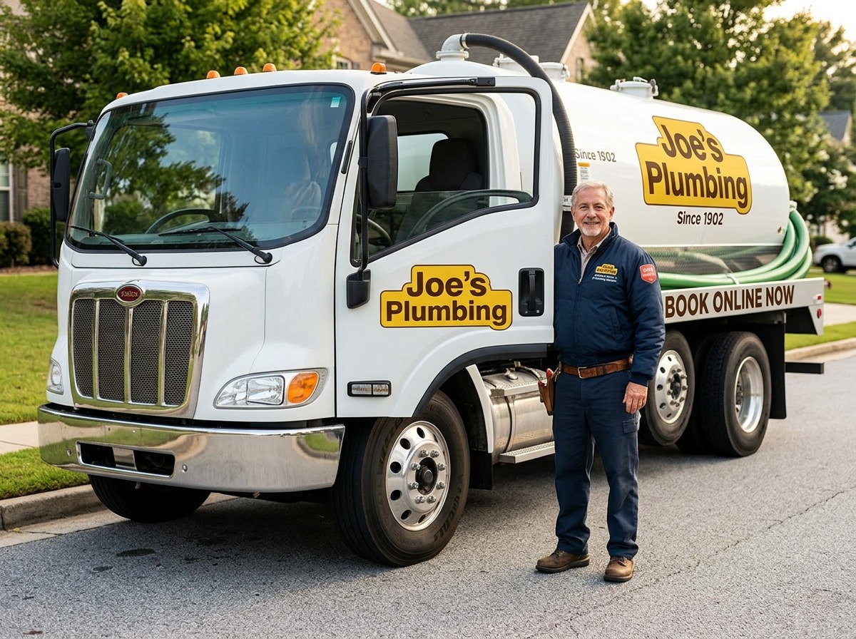Joe standing beside a Joe's Plumbing septic pumping truck in a Greater Atlanta neighborhood